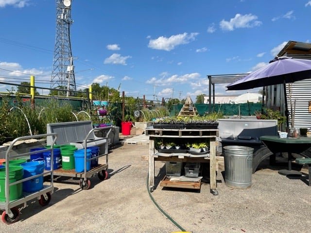 Community garden workspace featuring carts with colorful bins, a wooden planting table with potted plants, and a shady umbrella. In the background, a communication tower and green fencing are visible under a clear blue sky with scattered clouds.
