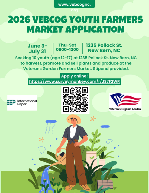 Youth Farmers Market application for 2026, featuring details on dates, location, and requirements for participants aged 12-17 to harvest and sell plants and produce in New Bern, NC. Includes QR code for online application and logos of sponsors.