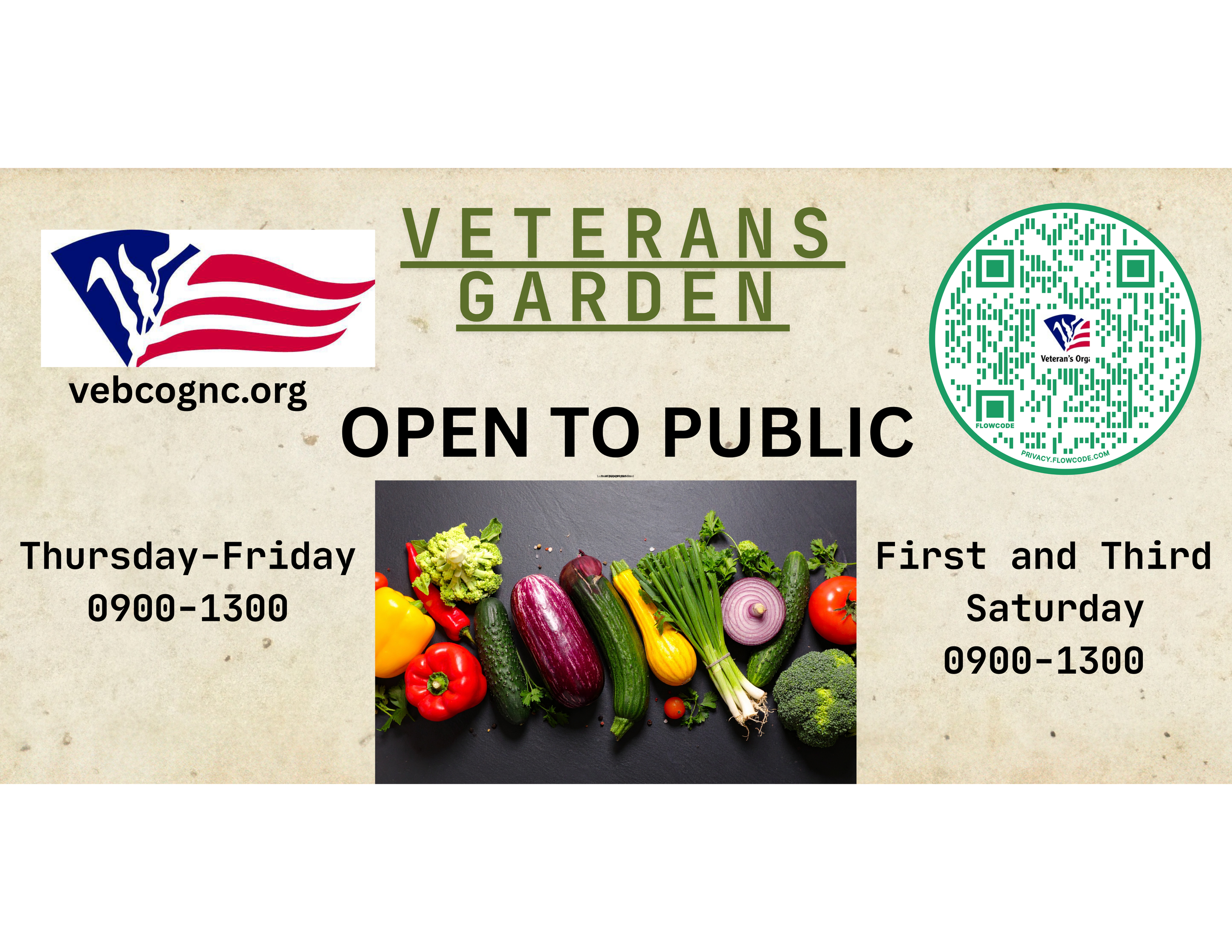 Veterans Garden promotional image featuring fresh vegetables, operational hours displayed as Thursday-Friday from 0900 to 1300 and the first and third Saturday from 0900 to 1300, with a QR code for more information and the website link.